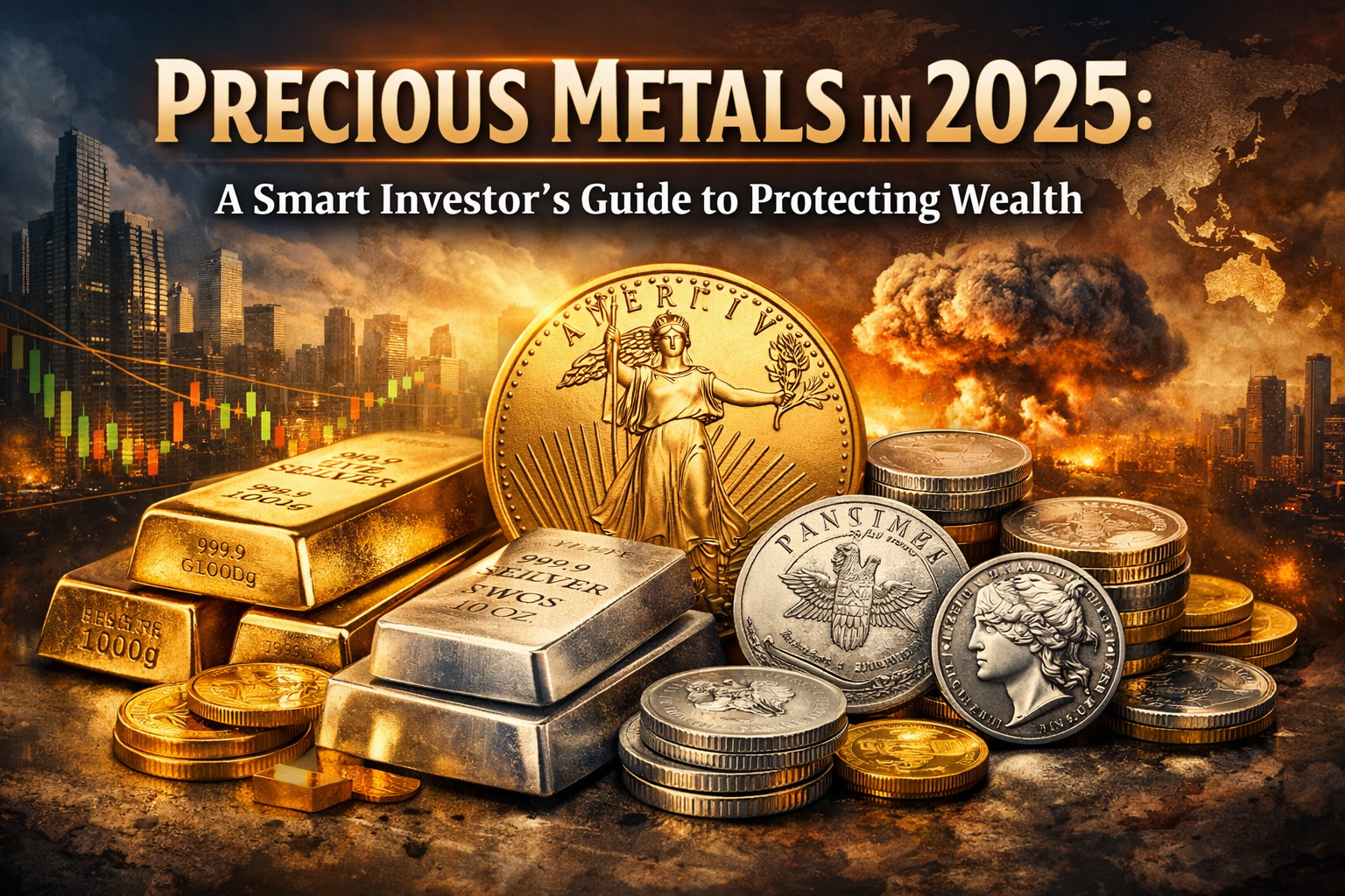 Precious metals in 2025 including gold bars, silver coins, platinum, and palladium representing wealth protection and inflation hedging.