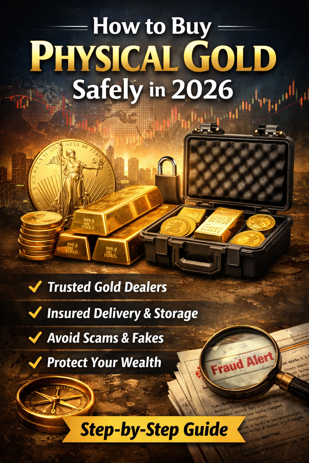 How to buy physical gold safely in 2026 with gold bars, coins, secure storage case, and fraud protection tools.